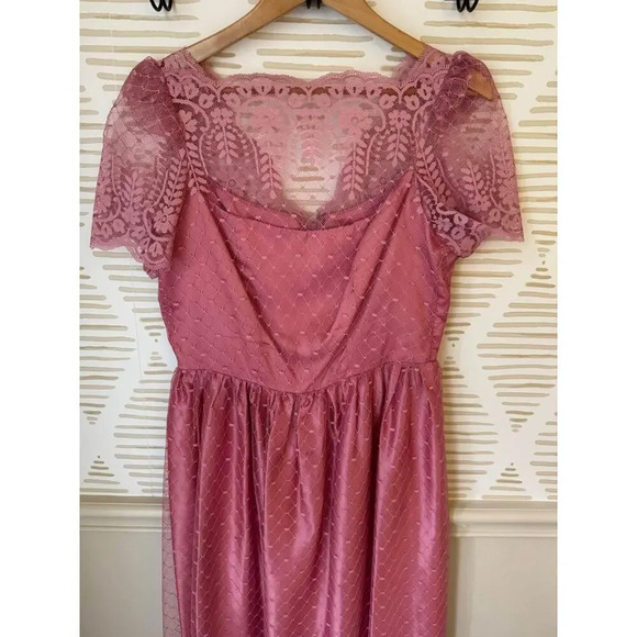 Vintage 70s 80s Women’s Size 13/14 Mauve Pink Lace Satin Dress - Picture 2 of 5